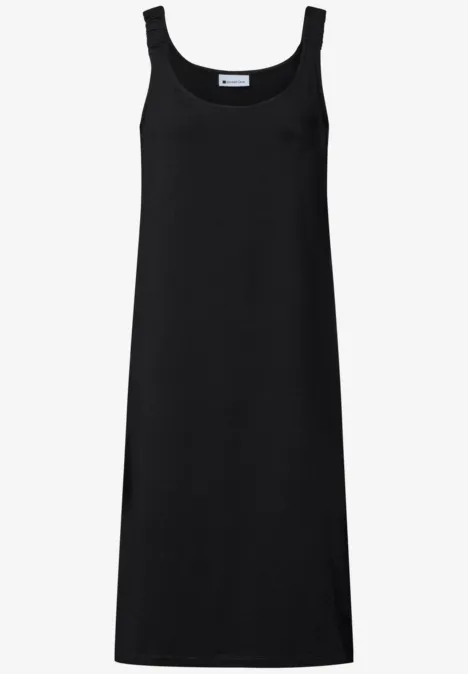 Knielanges Kleid mit gerafften Trägern Black Schwarzes ärmelloses Kleid mit U-Boot-Ausschnitt, knielang geschnitten