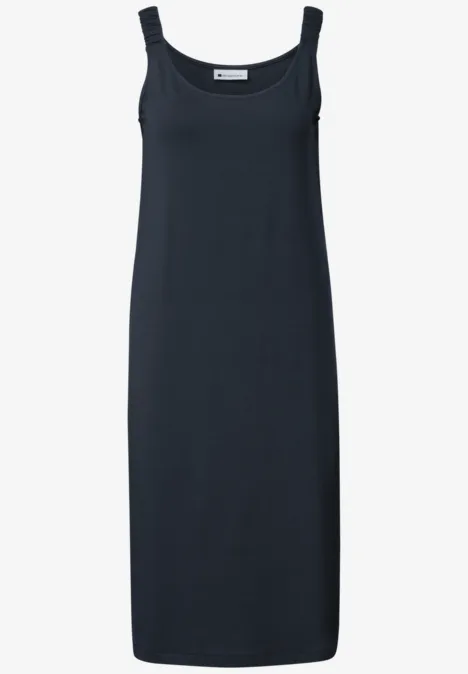 Knielanges Kleid mit gerafften Trägern shadowed navy Schlichtes, ärmelloses schwarzes Midikleid mit Rundhalsausschnitt.