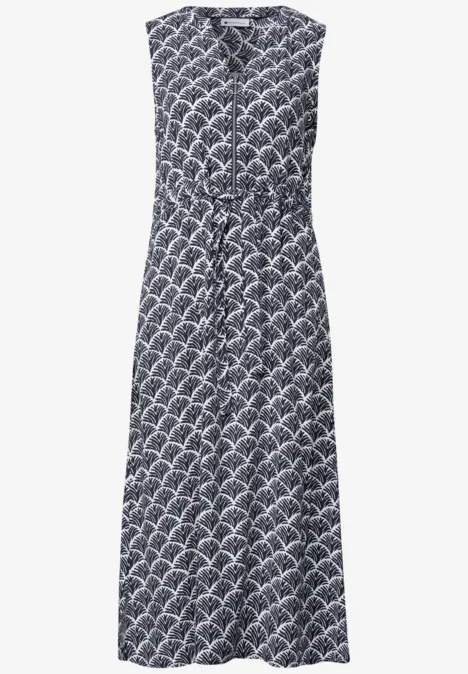 Midi-Kleid mit Split Neck und Zipper shadowed navy Ärmelloses Midikleid in Marineblau mit weißem Muschelprint, V-Ausschnitt und Taillengürtel