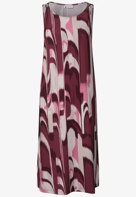 Ärmelloses Midikleid in Burgund, Rosa und Weiß mit abstraktem Wellenmuster.
