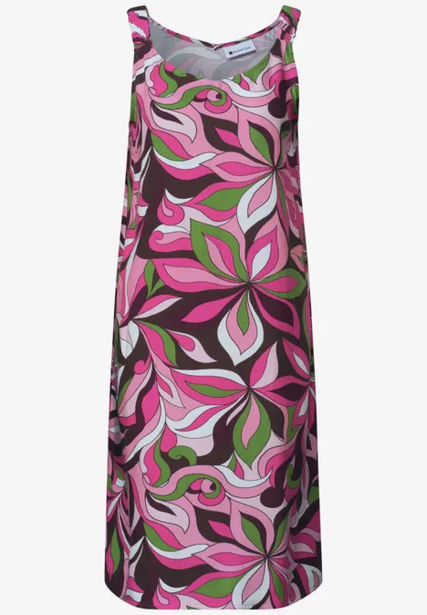 Robe d'été longue sans manches avec motif floral coloré rose, vert et blanc.