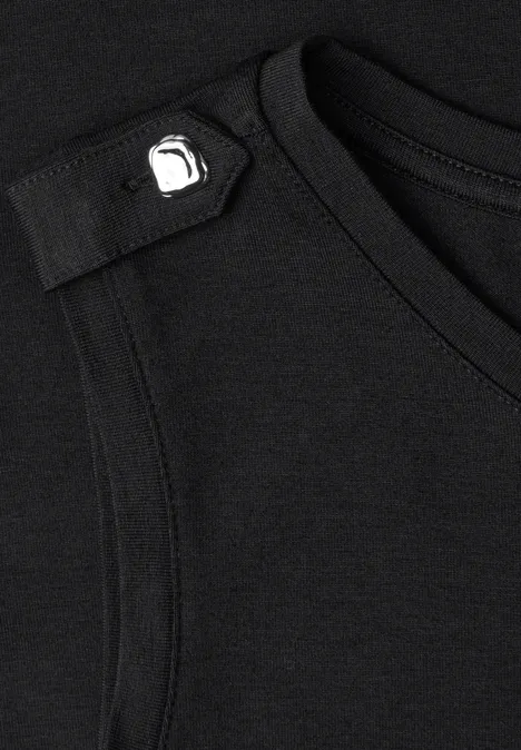 Schwarzes Kleid mit asymmetrischem Design und Deko-Details am Ausschnitt