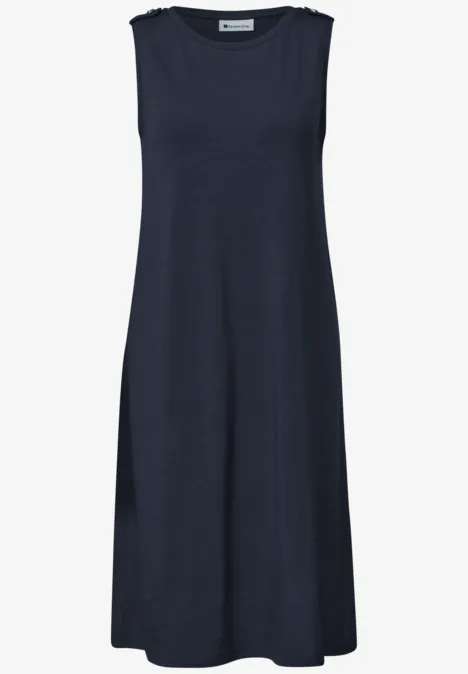 Ärmelloses, knielanges A-Linien-Kleid in Dunkelblau aus fließendem Stoff.