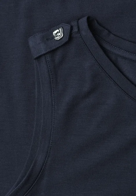 Ärmelloses dunkelblaues Shirt mit Schulterknopf und Rundhals-Ausschnitt