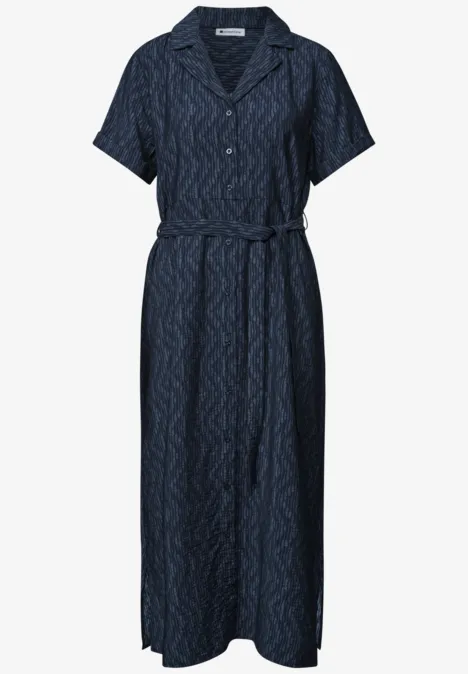 Midikleid mit Bowling-Kragen darkest blue Dunkelblaues Hemdkleid mit kurzen Ärmeln, Knopfleiste, Reverskragen und Taillengürtel.