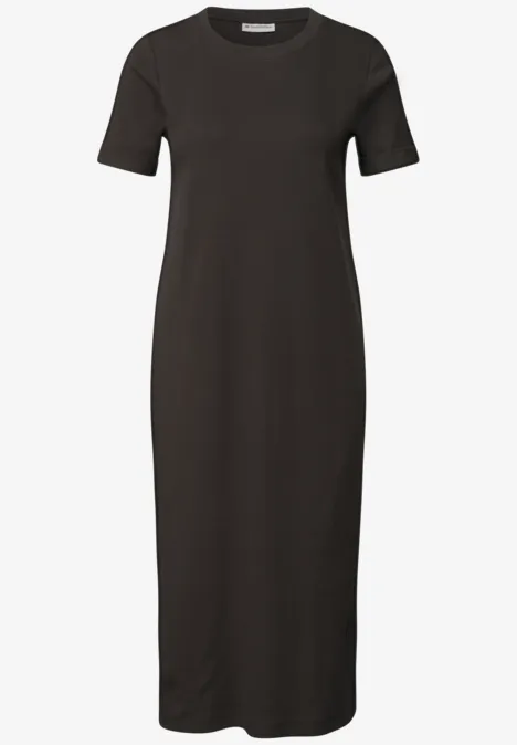 Midikleid in Rippstruktur mit Rundhals black coffee Schwarzes Midikleid mit kurzen Ärmeln, Rundhalsausschnitt und geradem Schnitt.