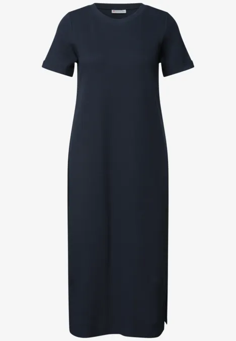 Midikleid in Rippstruktur mit Rundhals darkest blue Schlichtes dunkelblaues T-Shirt-Kleid mit V-Ausschnitt und kurzen Ärmeln, midi-Länge