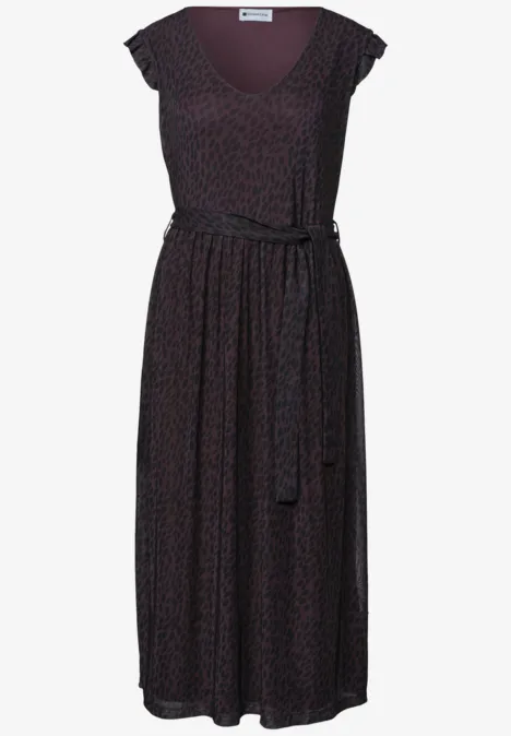 Midikleid aus Mesh mit Print rustic rouge Dunkel gemustertes Midikleid mit V-Ausschnitt, kurzen Flügelärmeln und tailliertem Gürtel.