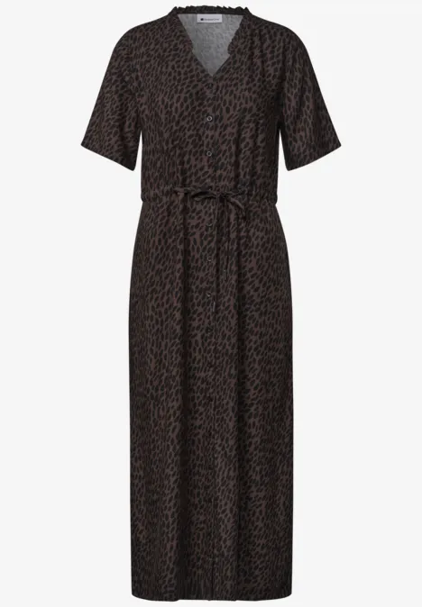 Robe midi noire à manches courtes, col en V et ceinture taille, imprimé discret.