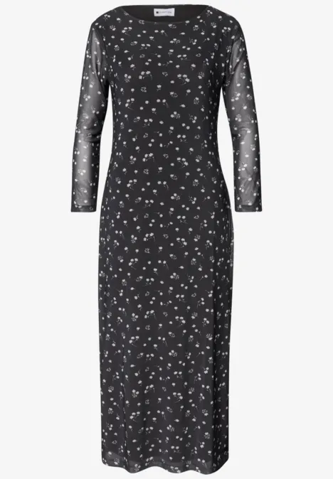 Schwarzes, eng anliegendes Midi-Kleid mit transparenten Ärmeln und kleinem weißen Blumenmuster.
