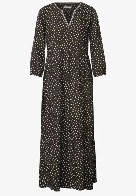 Midikleid mit Split Neck und Print black coffee Schwarz-weiß gepunktetes Maxikleid mit V-Ausschnitt, langen Ärmeln und lockerem Fall.