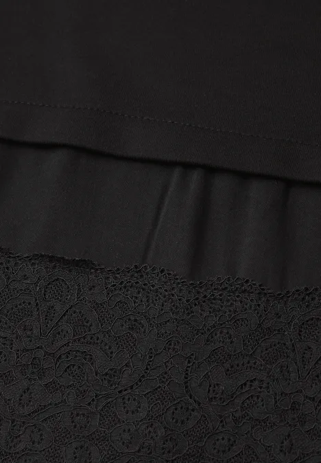 Knielanges Sweatkleid mit Spitzenkante Black Schwarzer Stoff mit Spitzenbesatz