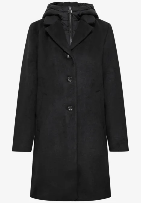 Manteau à col à revers et capuche intégrée Black Manteau noir mi-long à capuche, coupe épurée et fermeture boutonnée
