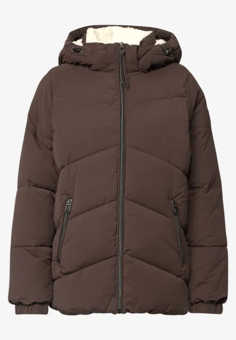 Braune wattierte Winterjacke mit Kapuze, Reißverschluss, seitlichen Taschen und elastischen Bündchen.