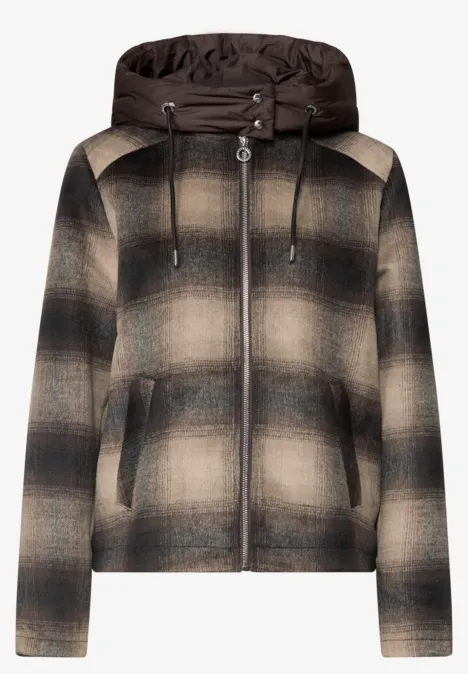 Veste contenant de la laine, avec capuche amovible auburn brown Braune karierte Kapuzenjacke mit Reißverschluss und leichter Polsterung.