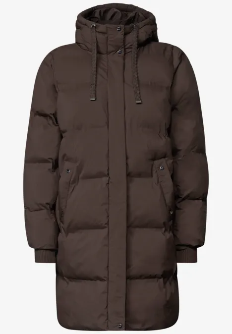 Lange Jacke mit Kapuze und Steppmuster auburn brown Dunkelbrauner, lang geschnittener Steppmantel mit Kapuze, seitlichen Taschen und Rippbündchen.
