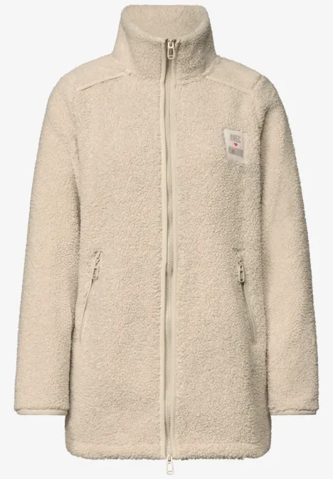 Beiger Teddy-Fleece-Mantel mit durchgehendem Reißverschluss und hohem Kragen.