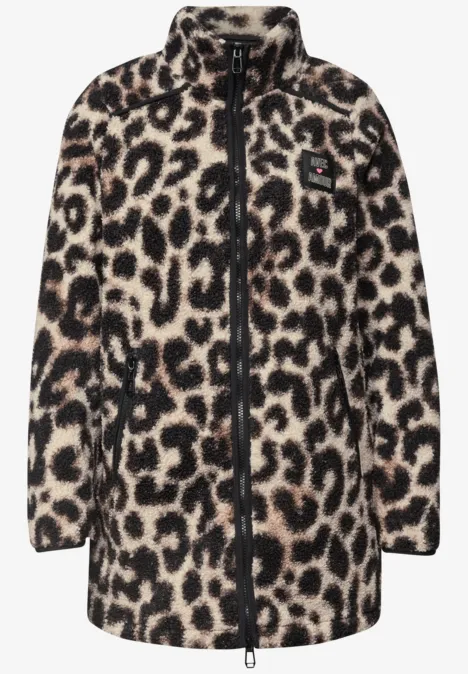 Lange Teddy-Jacke mit Stehkragen Black Kurze Teddy-Fleece-Jacke mit Leopardenmuster, Reißverschluss und seitlichen Eingrifftaschen.