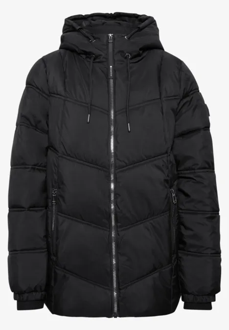 Schwarzer, wattierter Kapuzenparka mit Reißverschluss und seitlichen Taschen