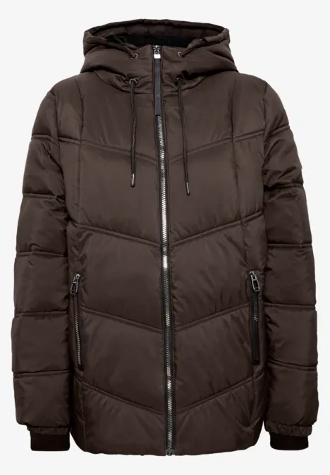 Dunkelbraune gesteppte Kapuzenjacke mit Reißverschluss und Taschen.