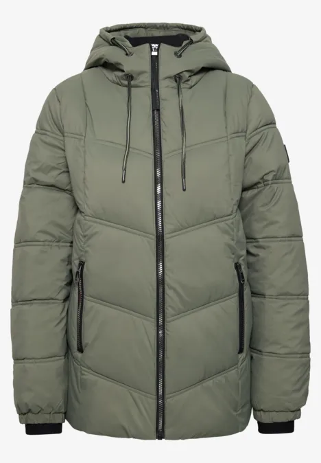 Grüne, wattierte Winterjacke mit Kapuze, Reißverschlüssen und seitlichen Taschen.