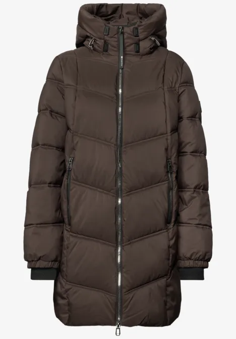 Lange Pufferjacke mit Kapuze auburn brown Langer, dunkelbrauner Steppmantel mit Kapuze und durchgehendem Reißverschluss, tailliert geschnitten.