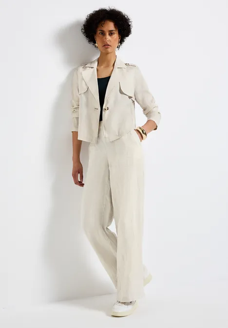 Korte linnen trenchcoat moonstone sand