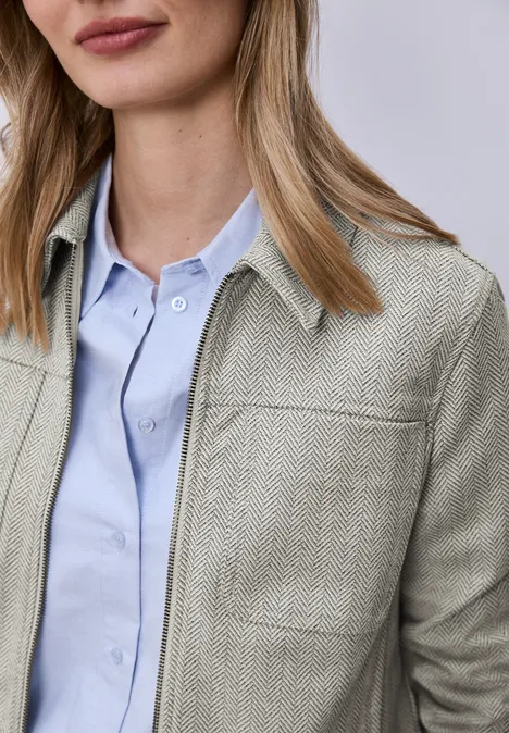 Jas met visgraatmotief en ritssluiting smoke beige