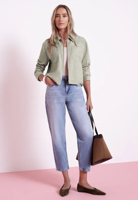 Jas met visgraatmotief en ritssluiting smoke beige