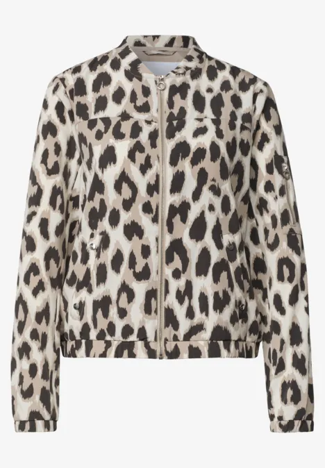 Veste bomber légère beige à motif léopard et fermeture éclair.