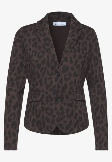 Damenblazer mit braun-schwarzem Leopardenmuster, taillierter Schnitt, zwei Knöpfe und Pattentaschen.