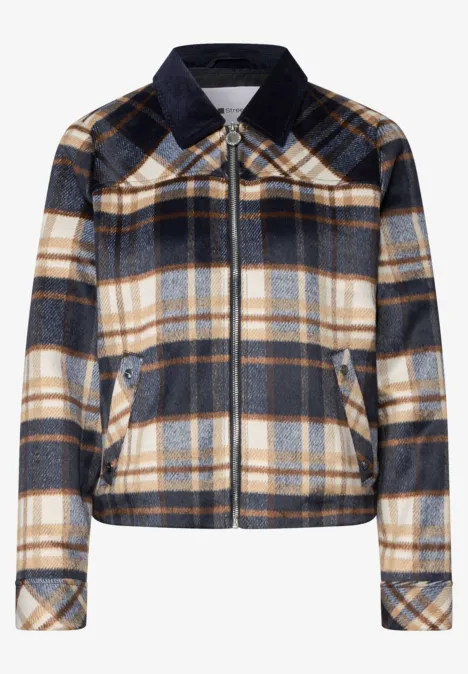 Kurz geschnittene Karojacke in Beige, Marine und Weiß mit Reißverschluss und Brustklappen