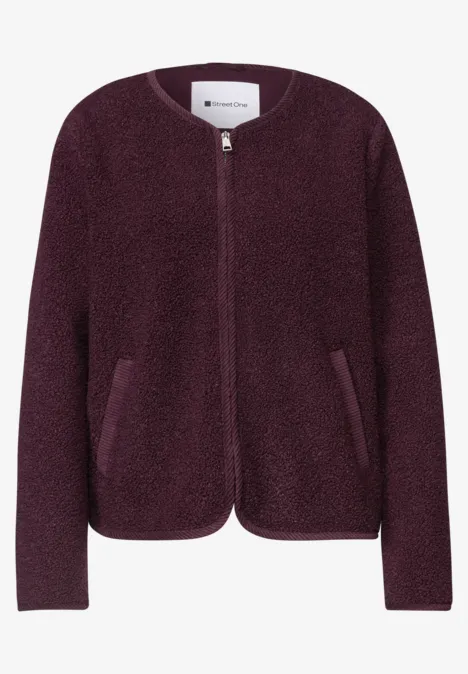 Teddy-Jacke mit Rundhals und Corddetails rustic rouge Leichte, plumfarbene Teddy-Fleecejacke mit Reißverschluss und seitlichen Taschen