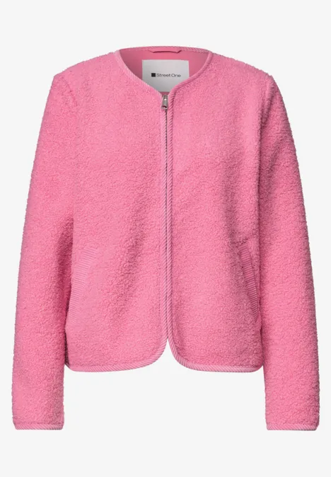 Weiche rosa Fleecejacke mit Reißverschluss und Rundhalsausschnitt.