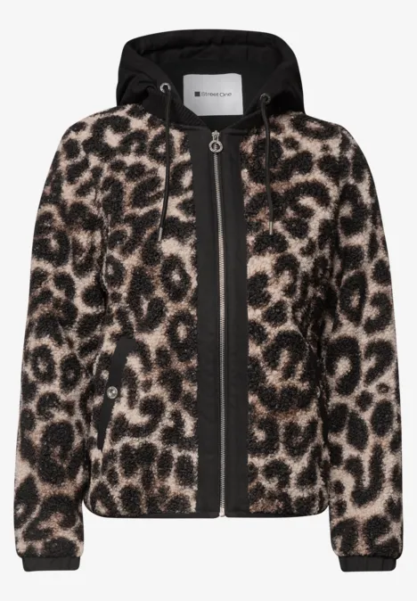 Teddy-Blouson mit abnehmbarer Kapuze Black Kurz geschnittener Teddy-Fleece-Jacke mit Kapuze, Reißverschluss und Leo-Muster.