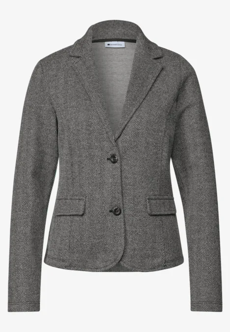 Grauer taillierter Damenblazer mit Notch-Kragen, zwei Knöpfen und aufgesetzten Taschen.