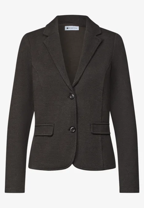 Eleganter dunkelgrauer Blazer mit zwei Knöpfen, aufgesetzten Taschen und schmalem Revers.