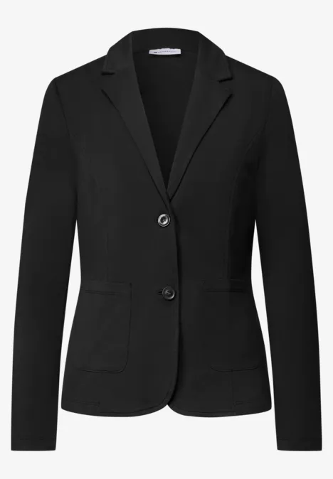 Schwarzer Damen-Blazer mit Reverskragen, längerer Schnitt und Knopfverschluss vorne.
