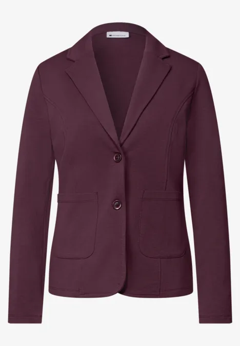 Eenvoudige blazer in effen kleur rustic rouge Bordeauxrood colbert met reverskraag, twee knopen en opgestikte zakken.