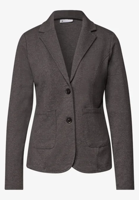 Damen-Blazer in Dunkelgrau mit Reverskragen, zwei Knöpfen und aufgesetzten Taschen.