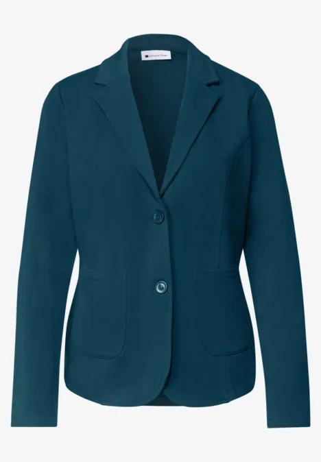 Teal-blauer Damenblazer mit zwei Knöpfen, Reverskragen und aufgesetzten Taschen