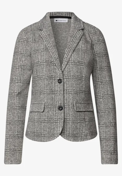 Blazer à carreaux et boutons Black Schmal geschnittener Damenblazer mit schwarz-weißem Glencheck-Muster und zwei Knöpfen.