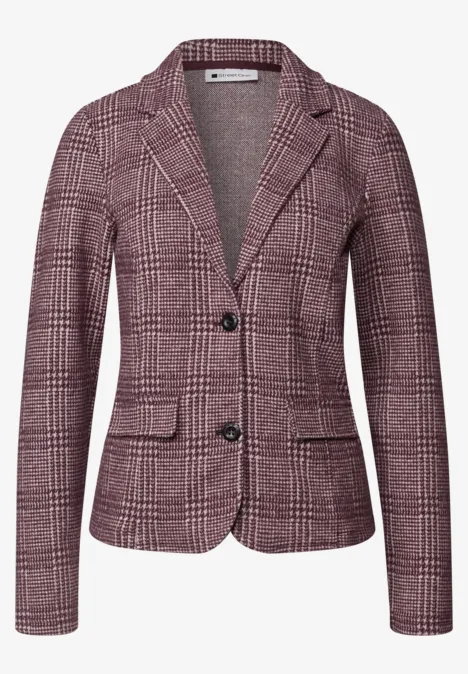 Marynarka w kratę z guzikami rustic rouge Stylowy różowy żakiet w kratę z kołnierzem, dwoma guzikami i naszywanymi kieszeniami.