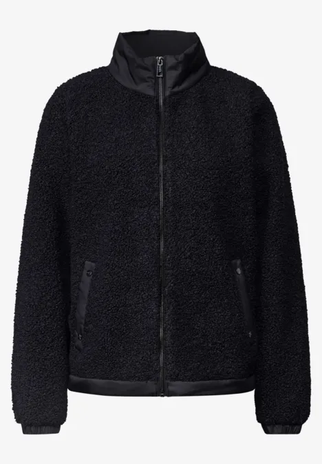 Schwarze Fleecejacke mit Reißverschluss, Stehkragen und seitlichen Taschen