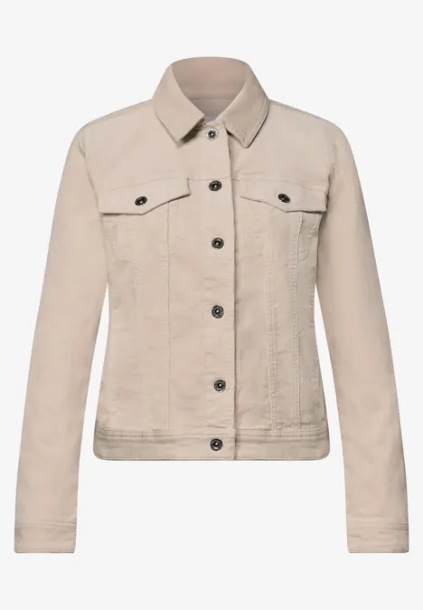Beige Jeansjacke aus Baumwolle mit Knopfleiste und Brusttaschen