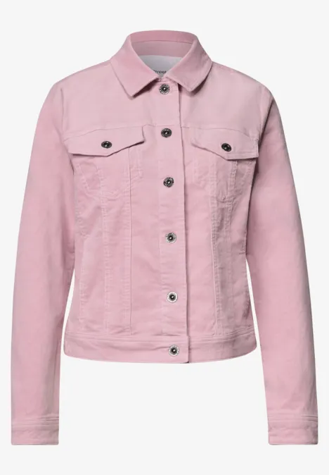 Veste en jean rose avec col, boutonnage et poches poitrine.