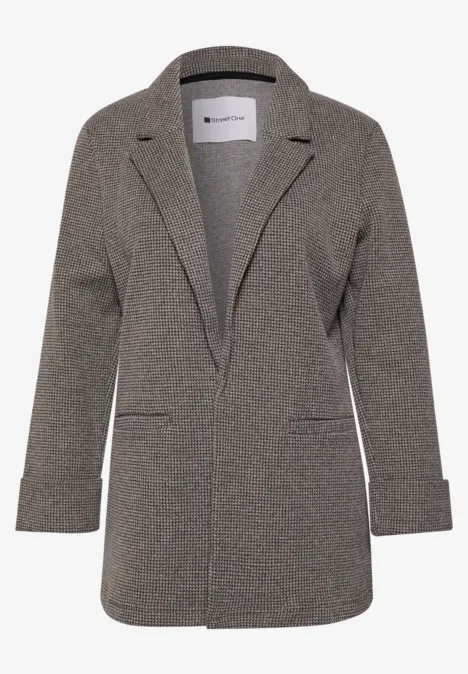 Grauer Blazer aus feinem Stoff mit Reverskragen, langen Ärmeln und aufgesetzten Taschen.