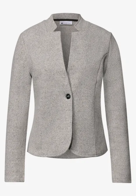 Grauer taillierter Damen-Blazer mit Ein-Knopf-Verschluss und modernem Reverskragen.