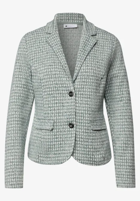 Leichter taillierter Damenblazer aus grün-weißem Tweed mit Reverskragen und zwei Knöpfen.