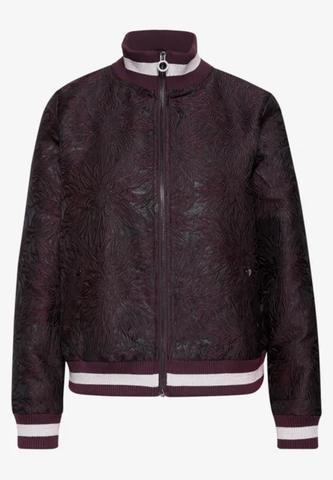 Blouson à motifs floraux berry maroon Dunkelrote, gemusterte Damen-Bomberjacke mit Reißverschluss und kontrastierenden Rippbündchen in Weiß und Burgund.